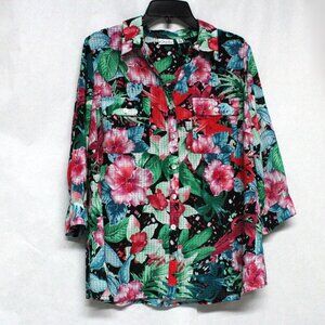 Kim Rogers Woman 1X Women's Collared Button Down Floral Top With Roll Up Sleeves